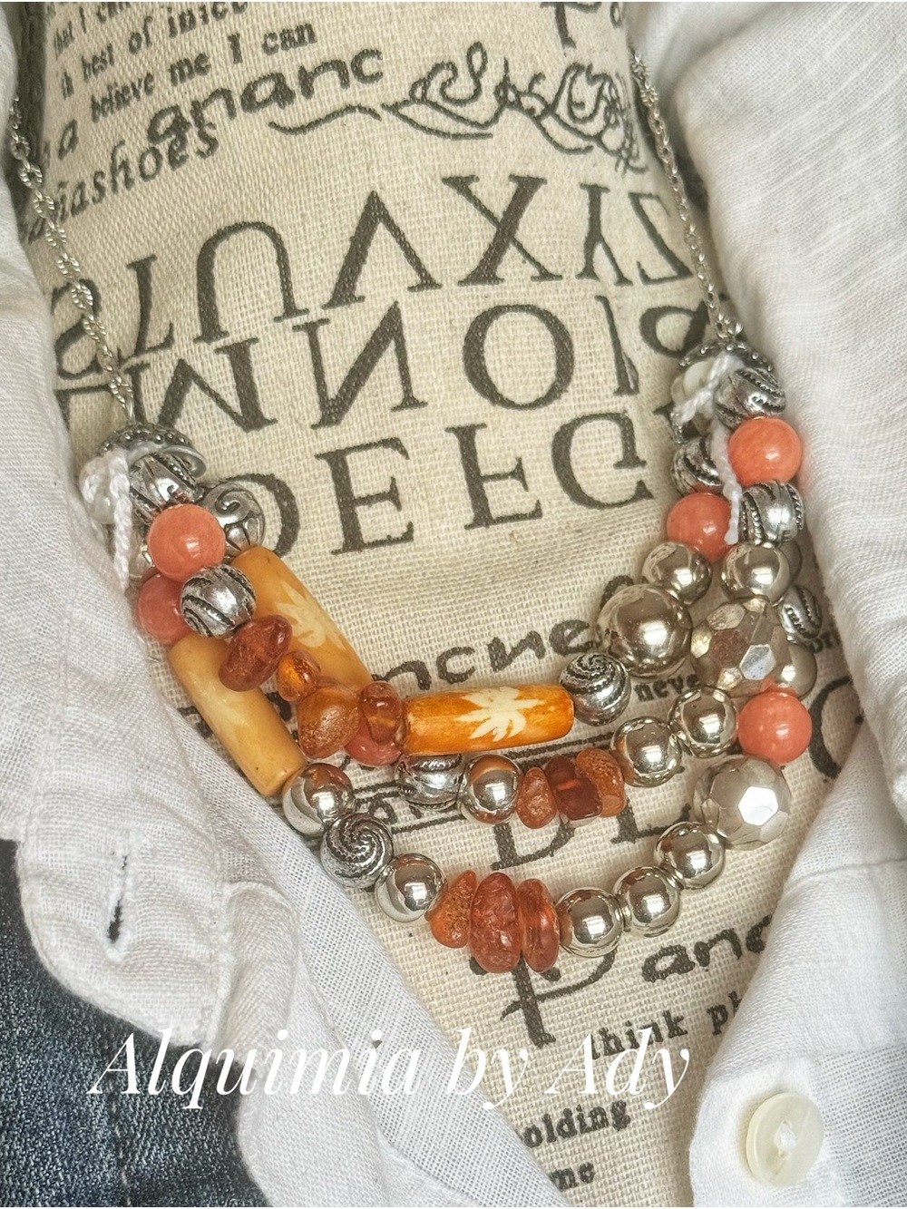 Amber+ Orange Multi-Strand Beaded Necklace